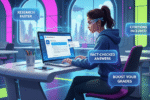 Student working on laptop using Perplexity AI with chat bubbles and citations, showing benefits like research faster and fact-checked answers in a futuristic classroom setting.
