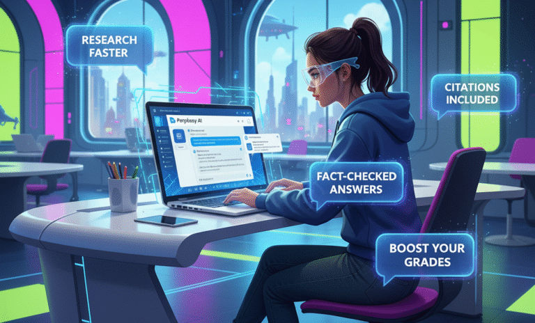 Student working on laptop using Perplexity AI with chat bubbles and citations, showing benefits like research faster and fact-checked answers in a futuristic classroom setting.