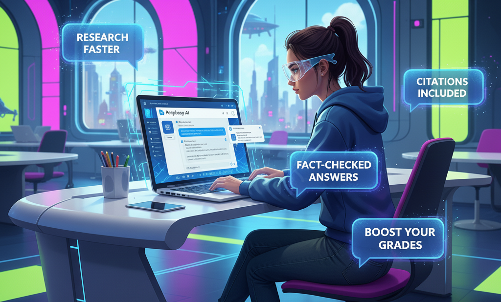 Student working on laptop using Perplexity AI with chat bubbles and citations, showing benefits like research faster and fact-checked answers in a futuristic classroom setting.