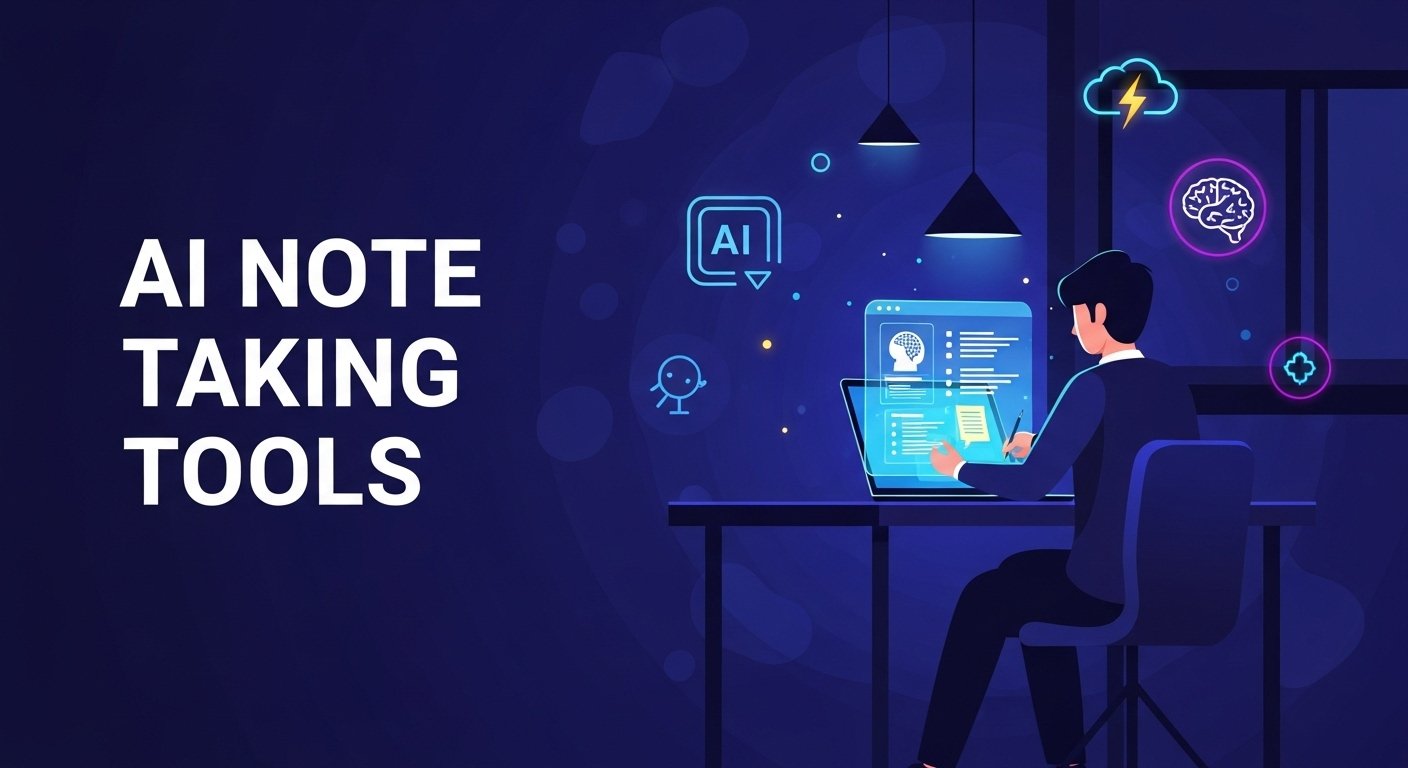 Student using AI note taking tools on laptop at night with glowing interface and digital notes